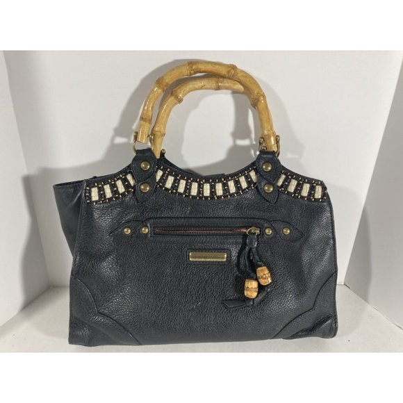 Isabella Fiore Black Beaded & Woven Leather Clutch Handbag With Wooden Handles - Picture 2 of 6